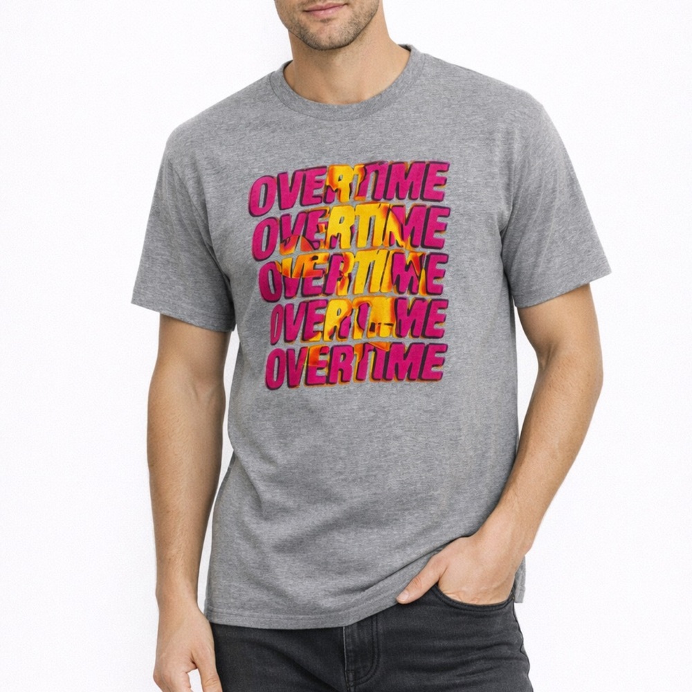 OVERTIME Graphic T Shirt Men's Grey Short Sleeve Crew Neck Size Medium Verified